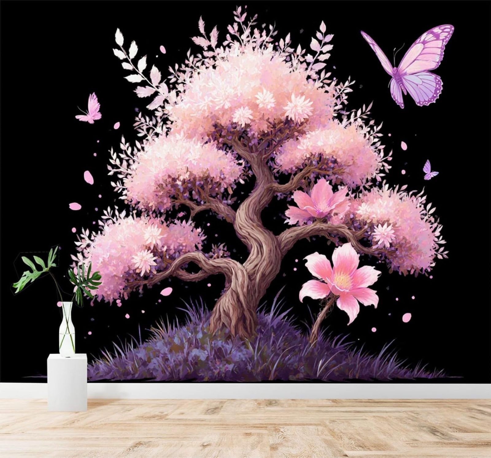 Xlming 150Cm×105Cm(B×H) Simple Beautiful Pink Cherry Blossom Tree Butterfly Petals 3D Wallpaper Silky Texture Home Study Office Grey Dining Room Sofa Bedroom Living Room Tv Backdrop-150Cm×105Cm