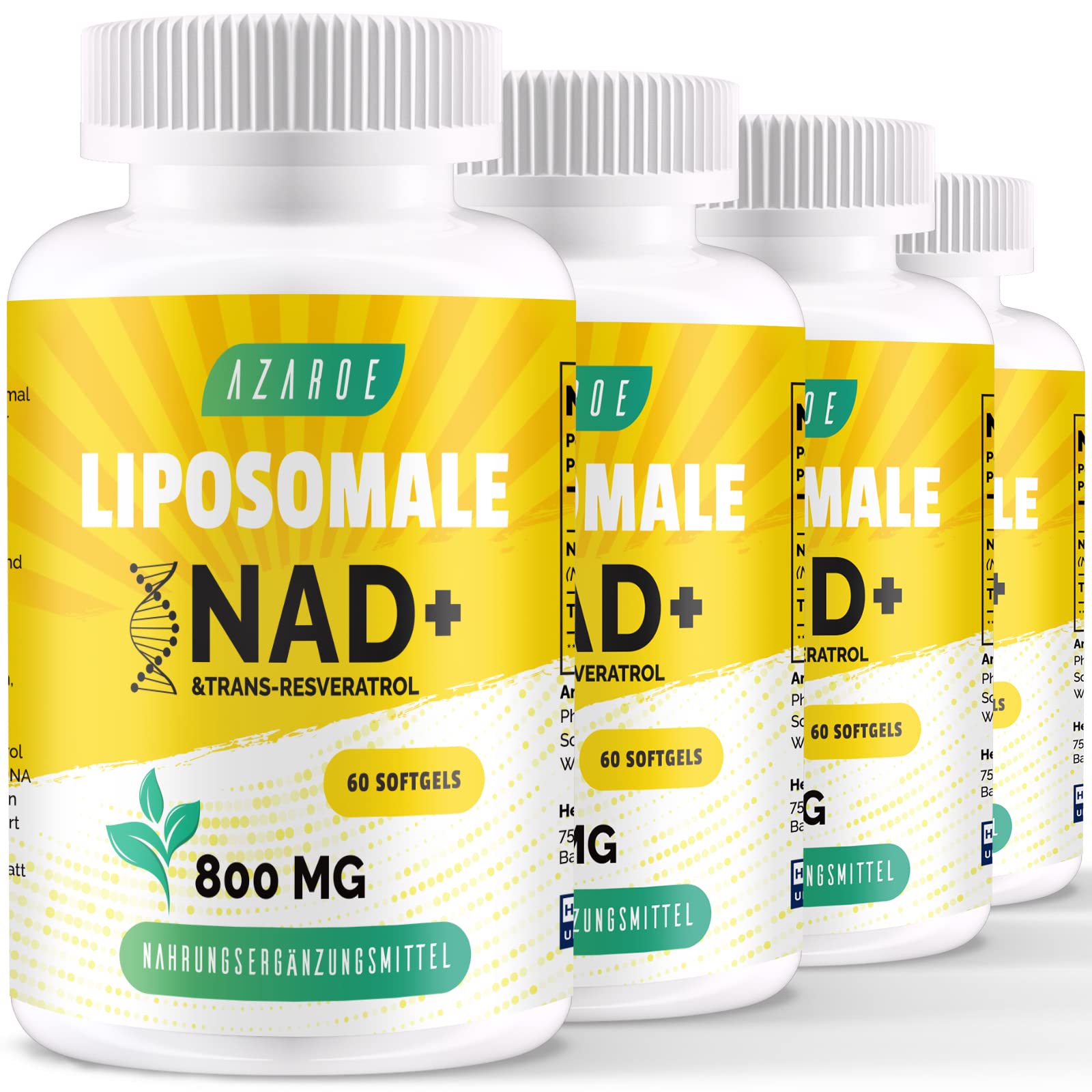 Liposomal NAD+ & Trans-Resveratrol 800mg Softgels – Alternative au NMN – Haute Absorption – Supplément Réel en NAD+ pour la Réparation Cellulaire (60 Unité (Lot de 4))
