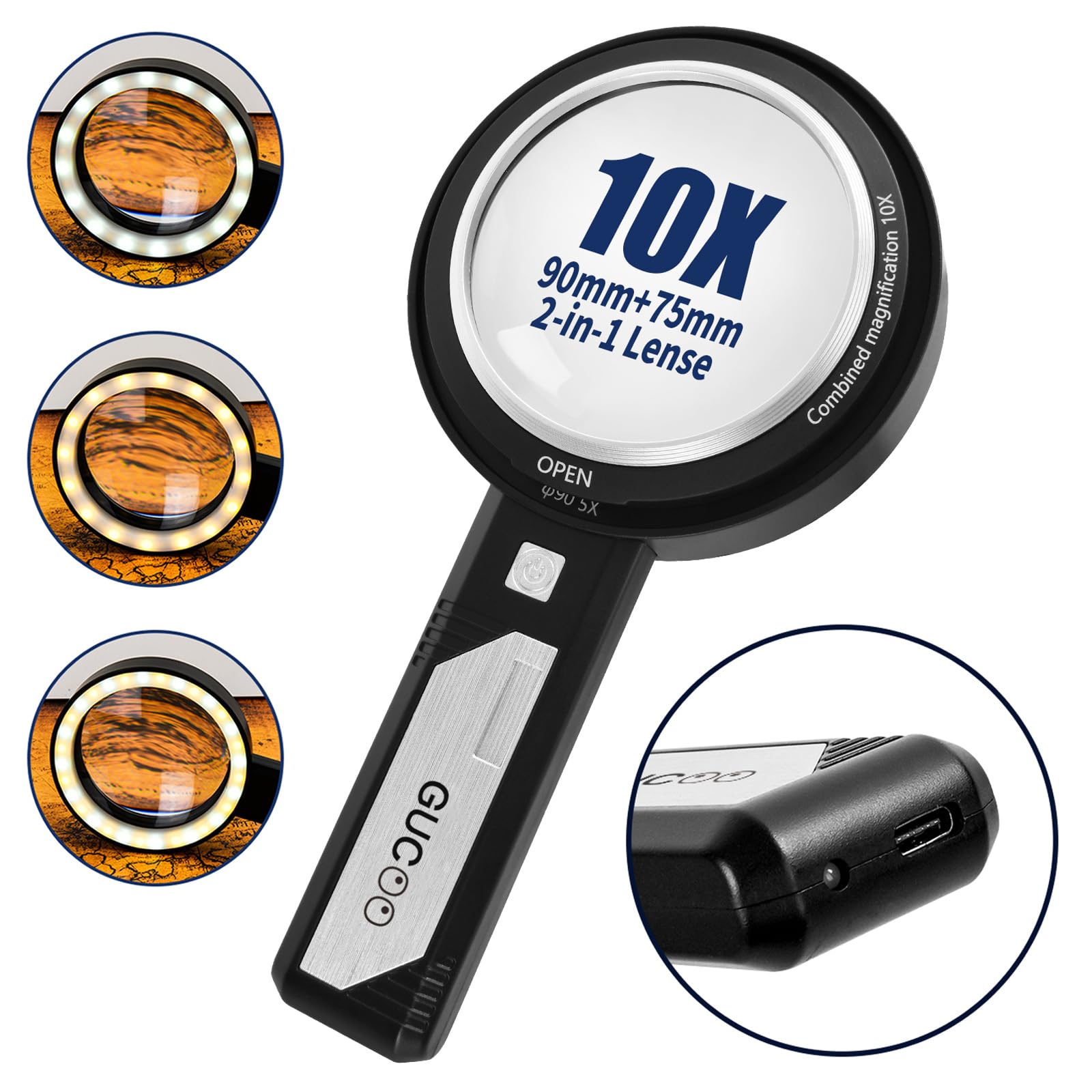 Lupa con luz para trabajo cercano, lupa iluminada de mano 5X 10X para leer joyero senior 32 LED iluminado pequeña lente de mano portátil para joyería carga negra
