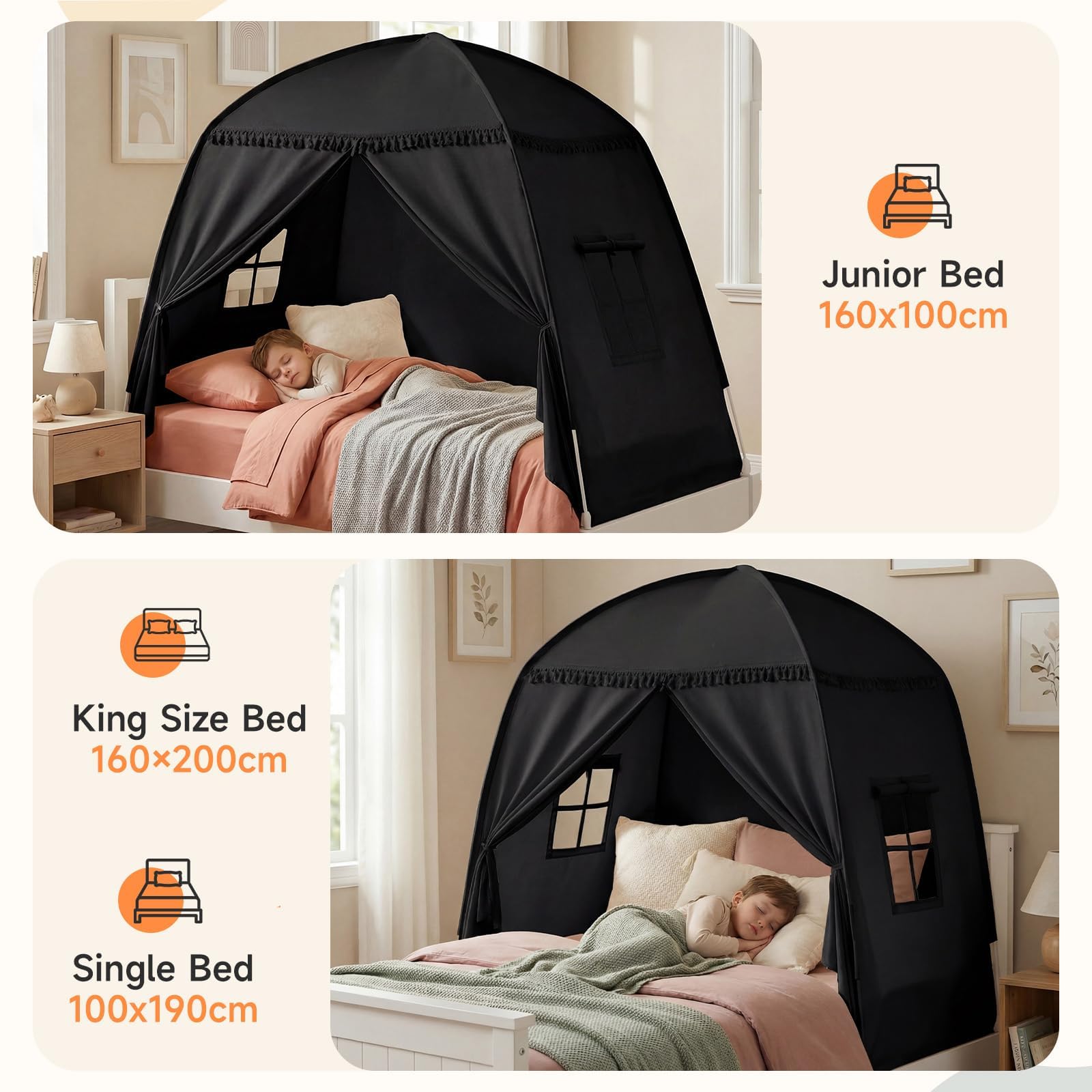 Tienda de campaña para habitación infantil: gran casa de juegos para interiores, portátil y plegable, para cama individual y litera, cueva para niños y niñas (negro)