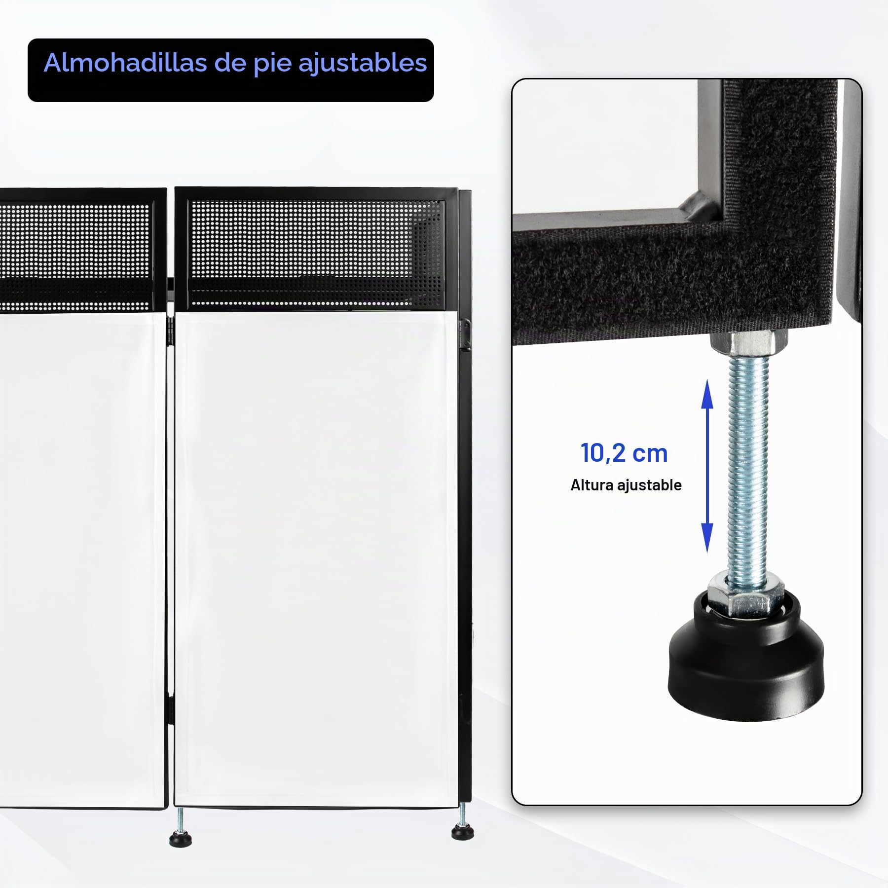 Neoaider Cabina de DJ portátil de 20 x 42 x 44 pulgadas, cabina de fachada de DJ con telas blancas y negras, soporte de mesa de DJ de altura ajustable de 4 pulgadas, marco de metal plegable para