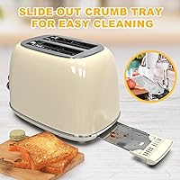 Vista 6 de Tostadora de 2 rebanadas, KitchMix Retro de acero inoxidable con 6 ajustes, ranuras extra anchas de 1.5 pulgadas, función de Crema