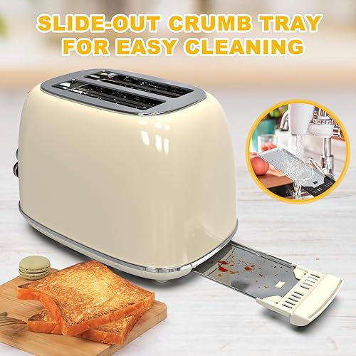 Miniatura 6 de Tostadora de 2 rebanadas, KitchMix Retro de acero inoxidable con 6 ajustes, ranuras extra anchas de 1.5 pulgadas, función de