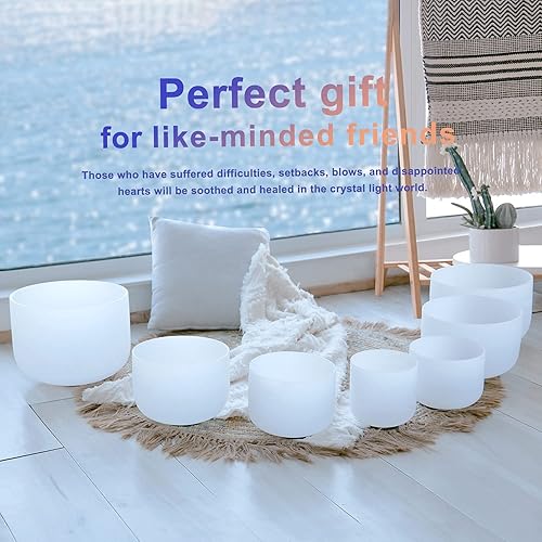 Miniatura 2 de CVNC 432HZ - Juego de 7 cuencos de cristal de cuarzo de chakra esmerilado de 6 a 12 pulgadas para sanación del sonido con 2 bolsas de transporte de