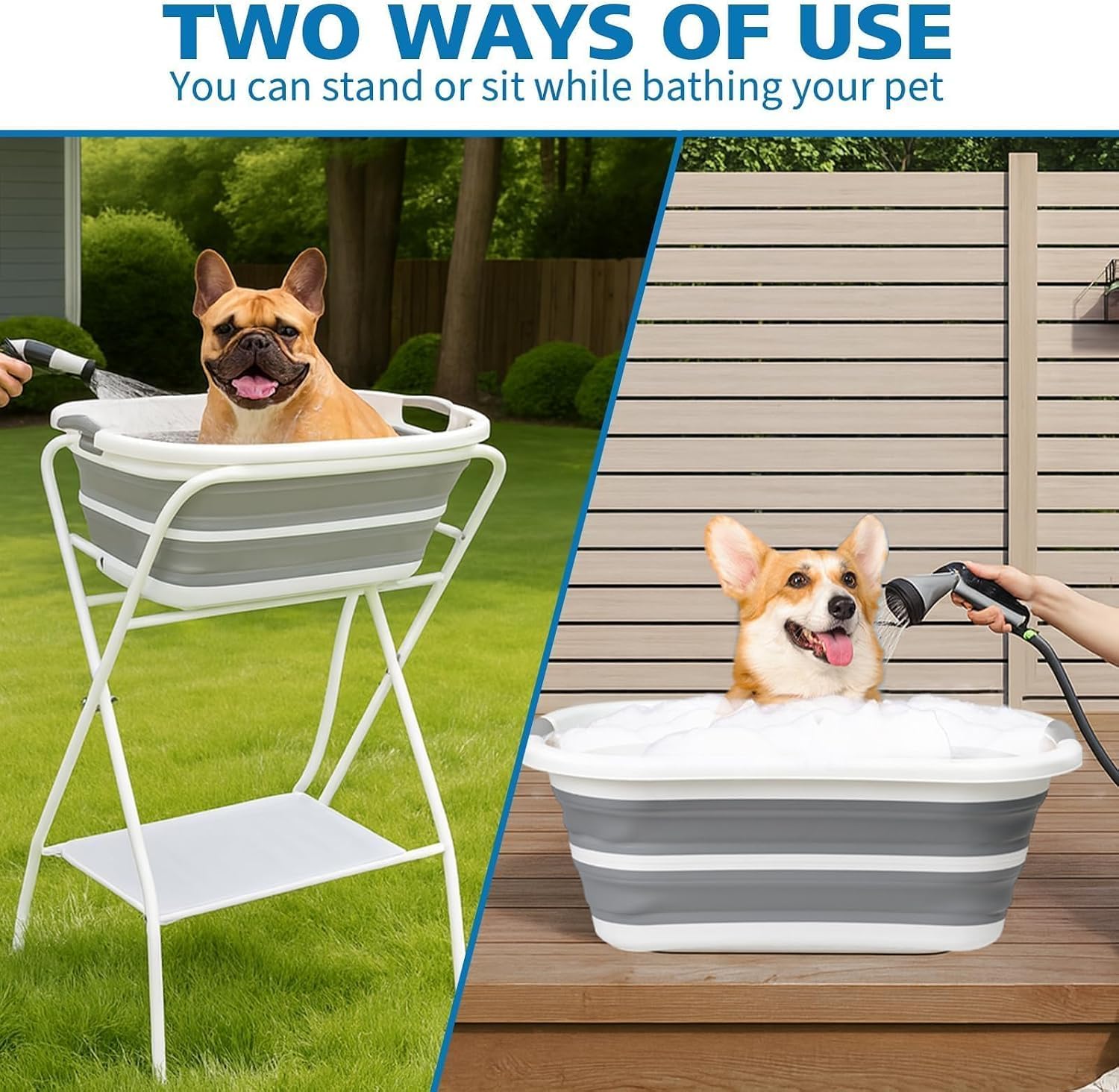 Stazione di lavaggio 2 in 1 per cani, vasca rialzata per animali domestici, vasca pieghevole e portatile per cani, gatti, doccia, toelettatura, interni ed esterni