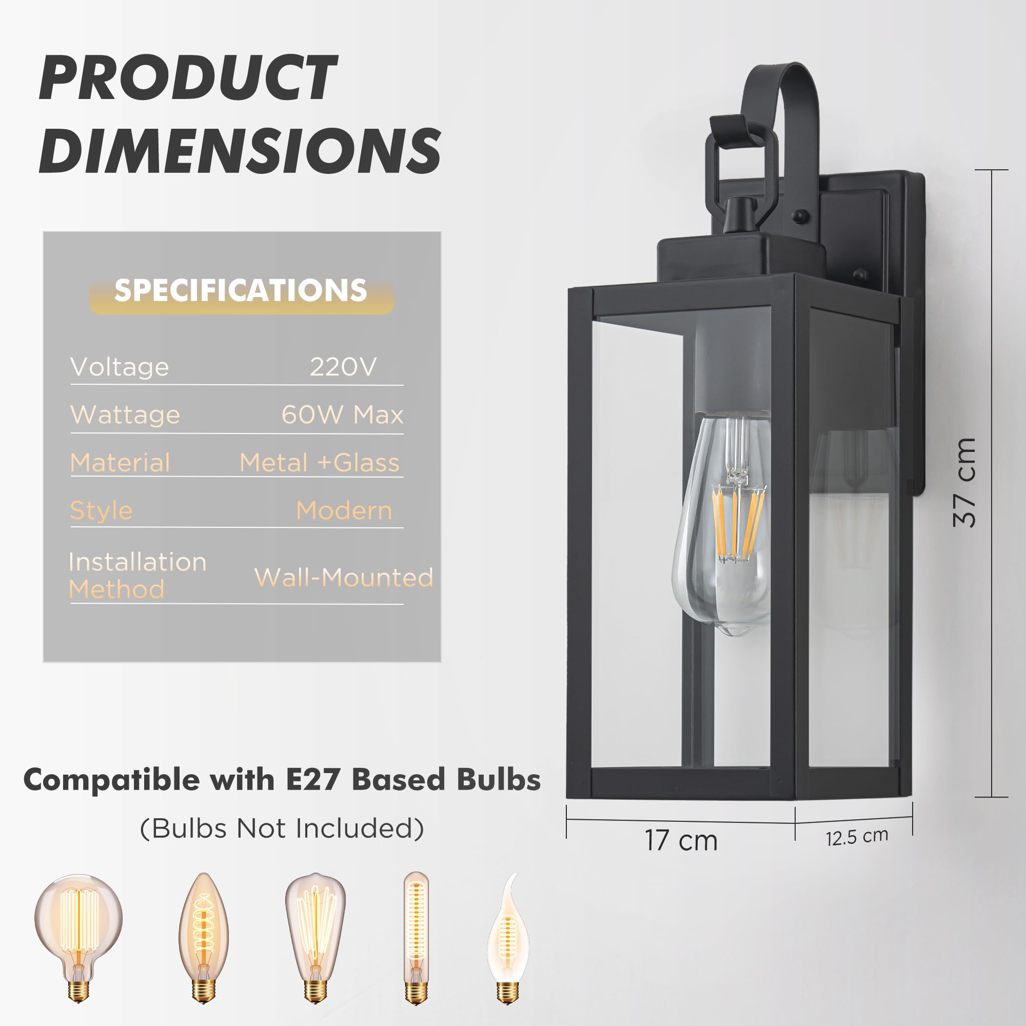 FTL Aussenlampe Wand Moderne, Aussen Wandleuchte E27, Glas-Außenwandleuchten, Mattschwarz Wandlaterne Außenlampe, Aussenbeleuchtung Hauswand, IP44 Wasserdicht Terrassenbeleuchtung für Veranda, Garten