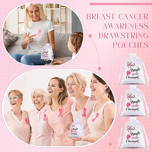 Miniatura 6 de Silkfly 50 bolsas de regalo blancas satinadas para concientización sobre el cáncer de mama, bolsa con cordón de 7 x 5 pulgadas, bolsas de joyería