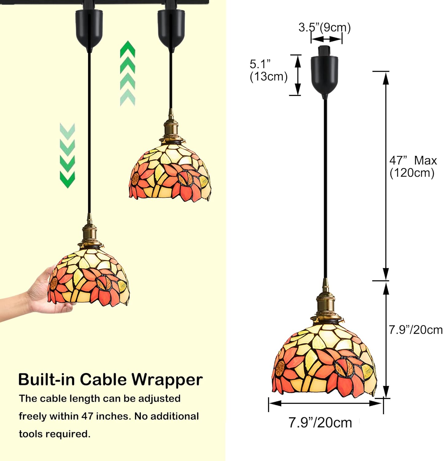 Kiven J-Type Track Lighting Pendants Adjustable Height,Antiqued J Track Pendant Lights with Glass Lampshade,Tiffany Track Lighting Fixture for Hallway Restaurant Kitchen Island Cafe(1-Light)