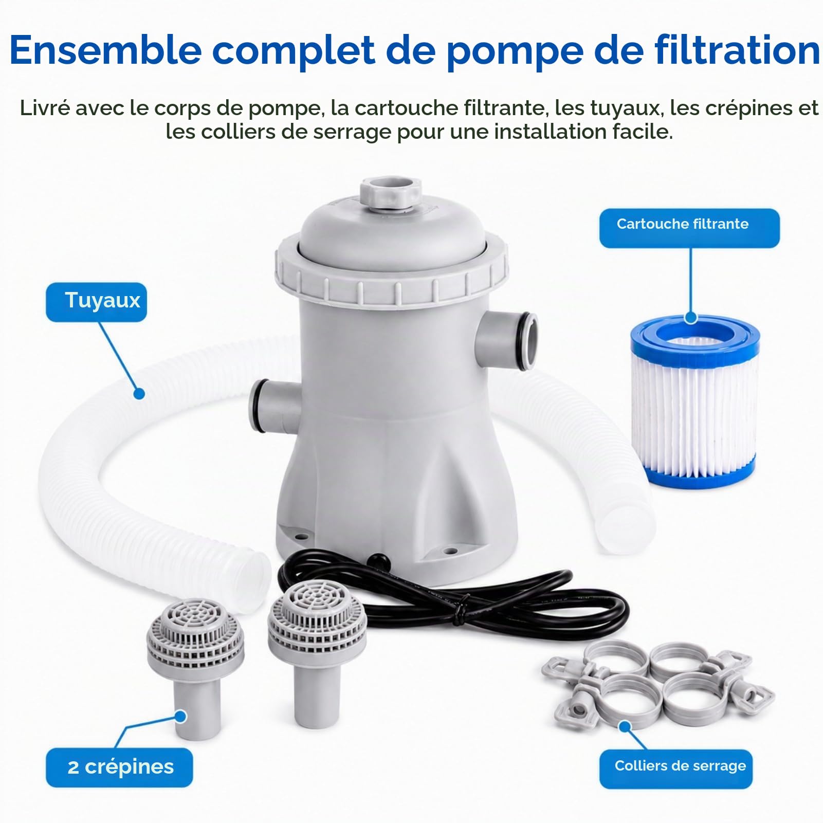Pompe Filtration Piscine Hors Sol 330 GPH, 16 W avec tuyau – Circulation d'eau claire, design ABS scellé silencieux pour piscines de petite et moyenne taille