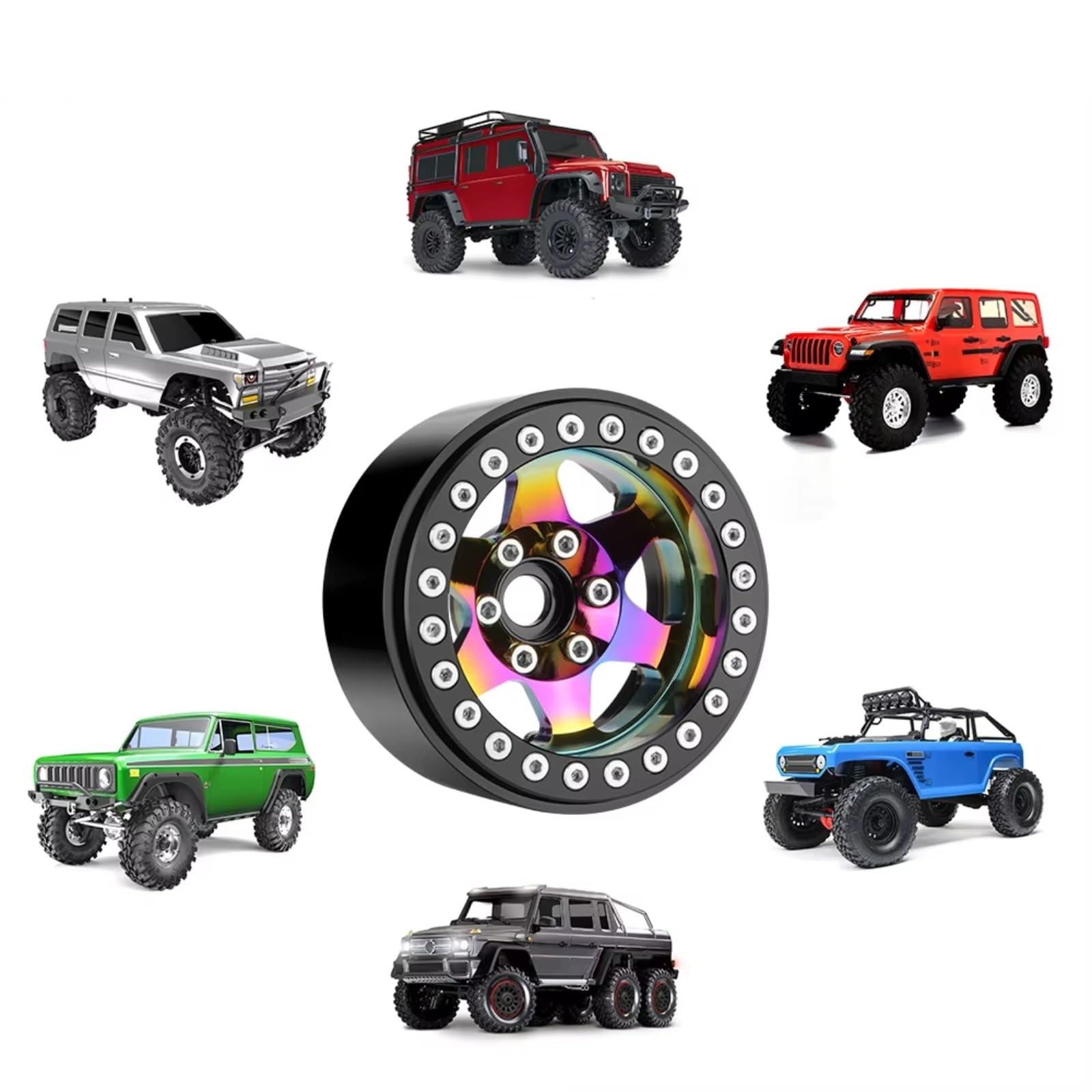 RC Ruote Gomma Per SCX10 Per TRX4 Per TRX6 Per Redcat Gen7 Gen8 D90 VS4-10 Cerchione Beadlock Rainbow 1.9" Offset - Cerchione In Alluminio Deep Dish Da 10 Mm(B)
