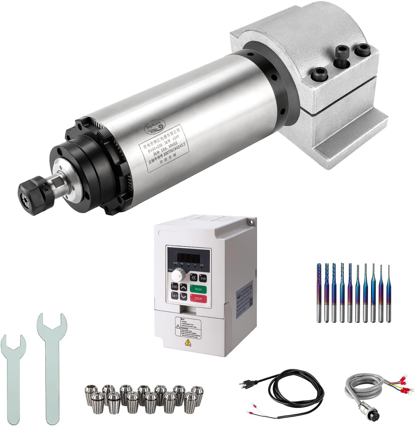 CNC Spindle Motor Kits, 220V 3KW 3000W Φ100mm Air Cooled Spindle CNC Spindle CNC Motor + 3.7KW VFD+Φ100mm Clamp Mount + Collet Set ER20+ Drill bits+ Wires for CNC Router Machine