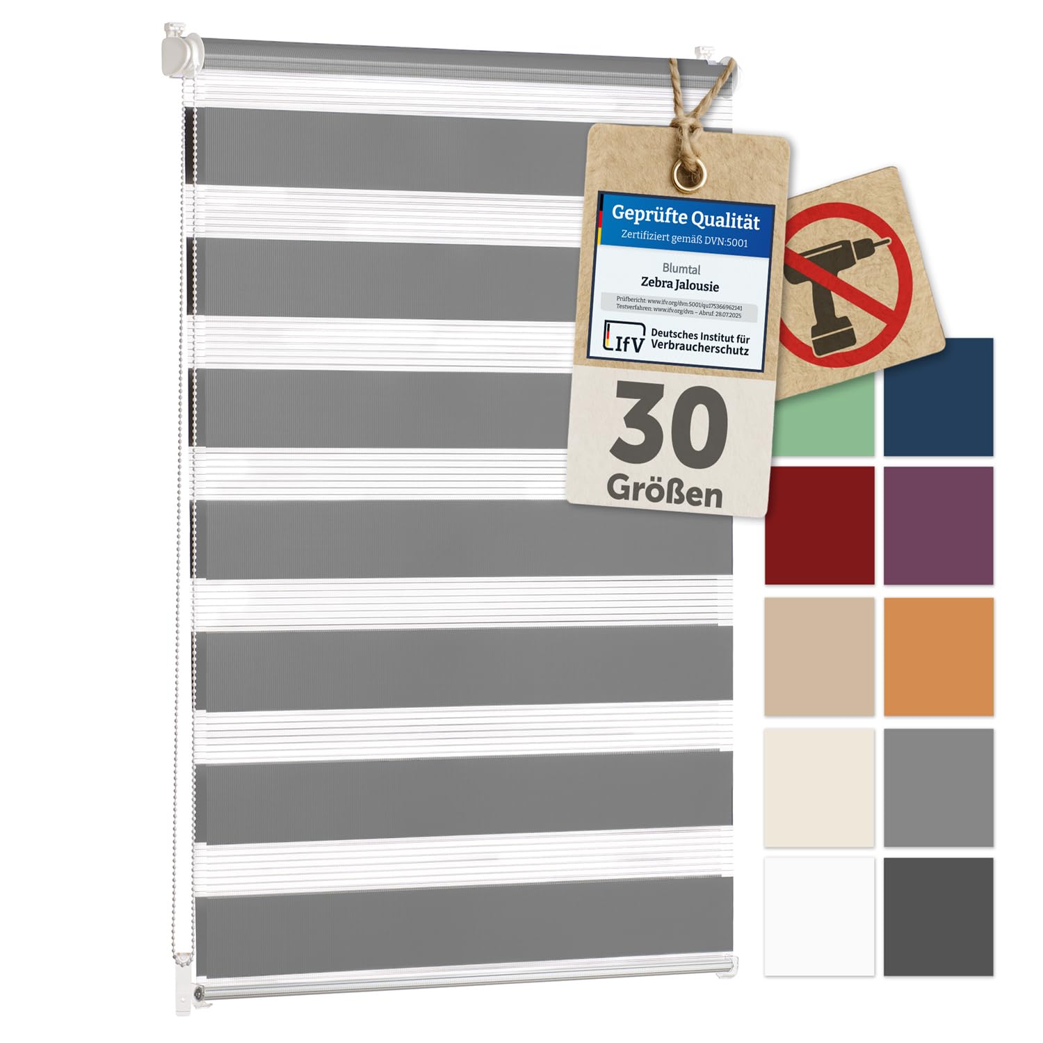 Blumtal Doppelrollo Klemmfix ohne Bohren 60x130 cm - individuell einstellbare Rollos für Fenster ohne Bohren - Fenster Rollos für Innen - leicht installierbare Jalousie Fensterrollo in Grau