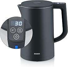 SEVERIN Cool-Touch Kettle, Double-Walled Kettle, Coloured LED Temperature Feedback in the Handle, with Keep Warm Function and Automatic Shut-Off, Black, 1.7 L Capacity, 2,200 W, WK 3484