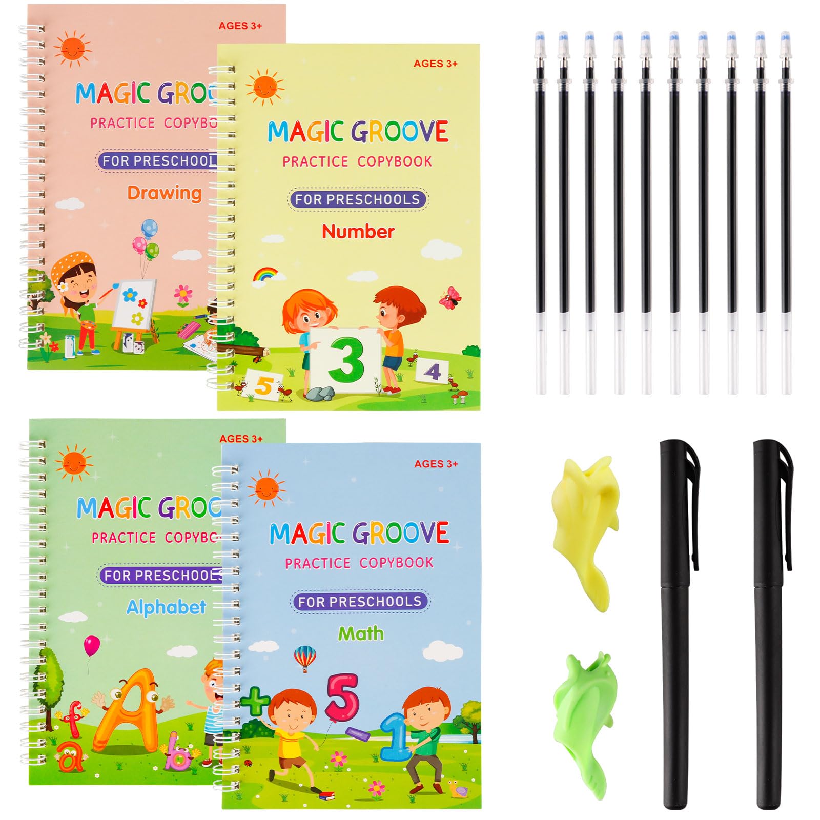 Wakasena 4PCS Magic Groove Books,Handwriting Practice Copybook for kids,Reusable Magic Ink Calligraphy Set with Handwriting Pens&Refills,Alphabet/Number/Math/Drawing Grooved Writing Books(A)