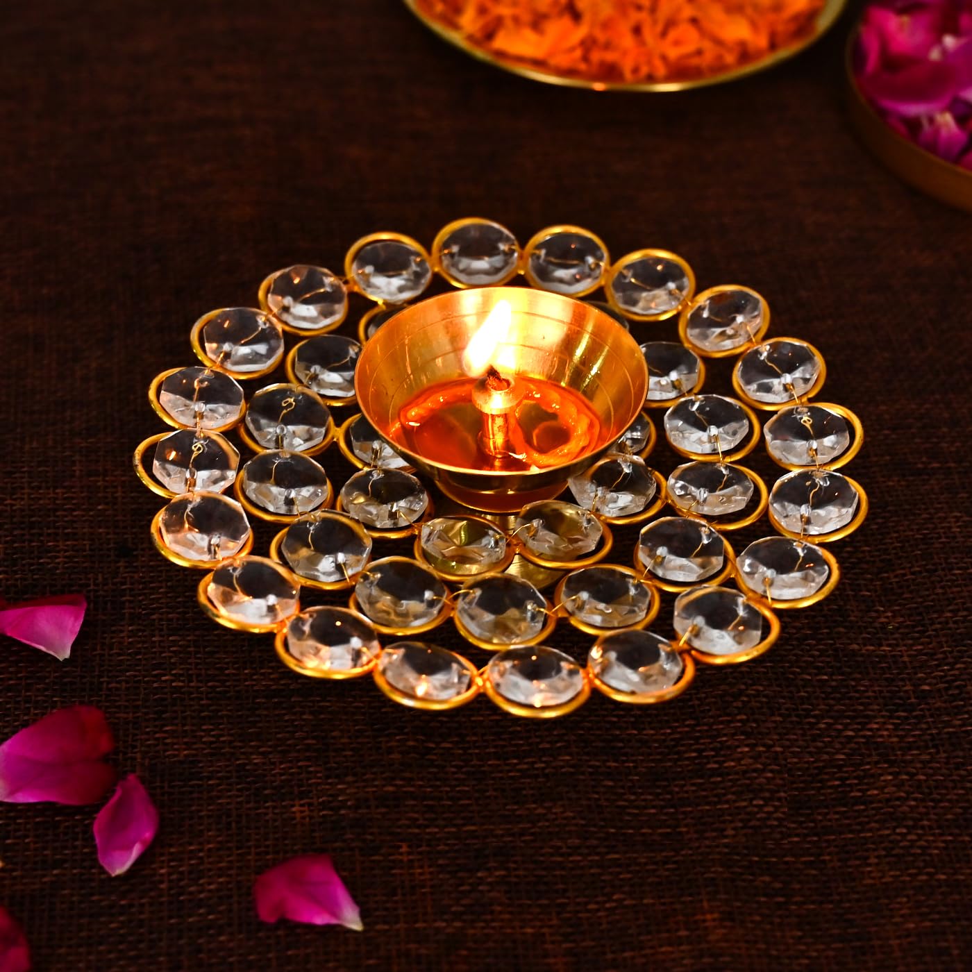 DecorTwist®Brass Diya for Puja 1.7 Inch | Crystal Akhand Diya Oil Puja Lamp | Deepak for Pooja Room Home Decor Pooja Articles | Diwali, Navratri Diya Decoration Items for Home Decor
