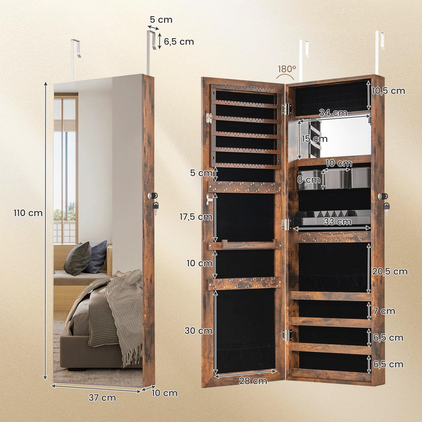 COSTWAY Armoire à Bijoux, Armoire à Bijoux Murale/de Porte avec Miroir Pleine Longueur et Miroir de Maquillage Intérieur, Cintres Réglables, Verrou, Doublure Douce, pour Chambre (Marron Rustique)