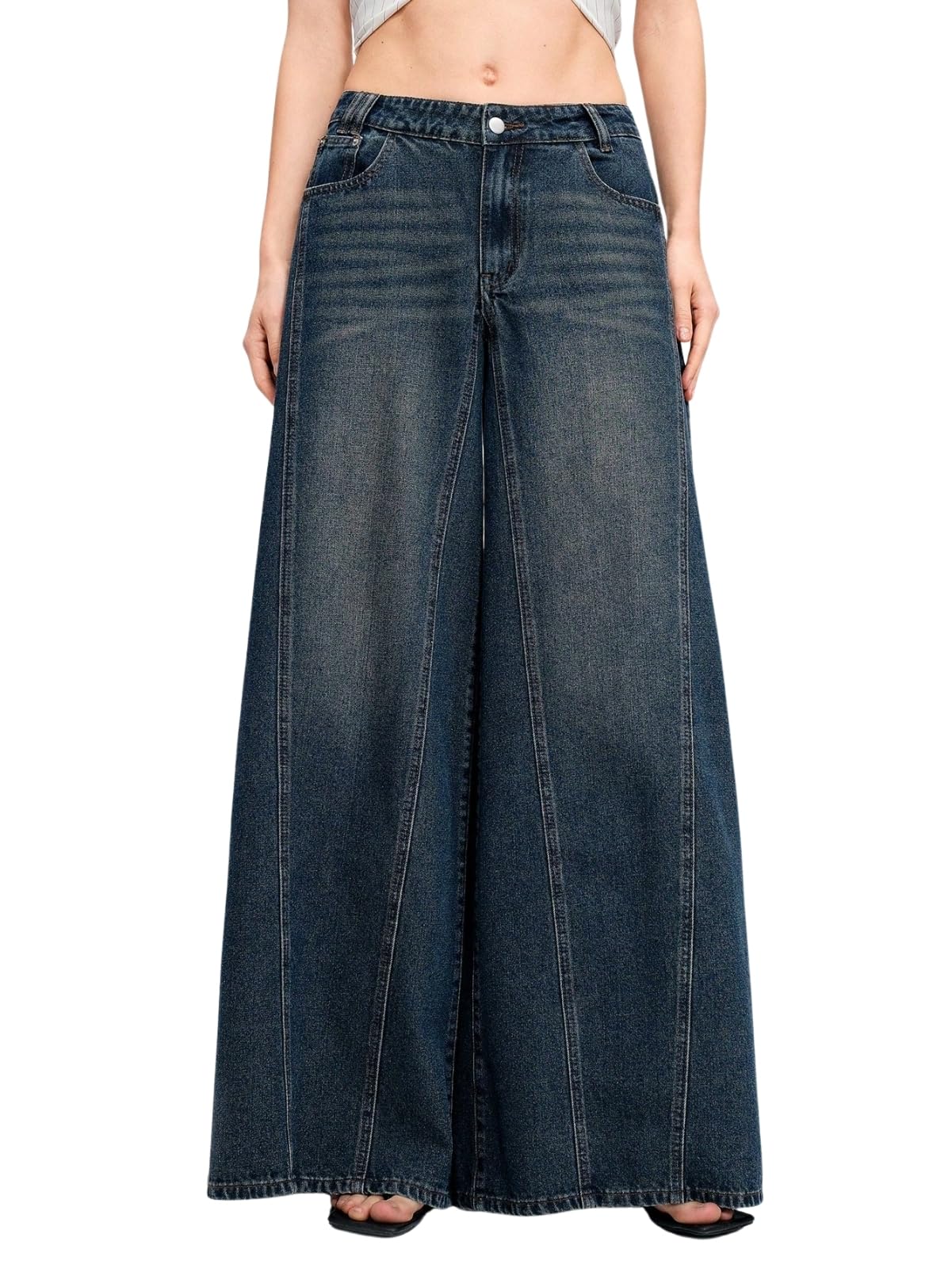 glossia Palazzo Wide Leg Jeans for Women High Waist Stretchable Vintage Wash Denim | Ultra Wide Flared Cotton Spandex Ladies Bottom (WJ-2703-$)-picture-46