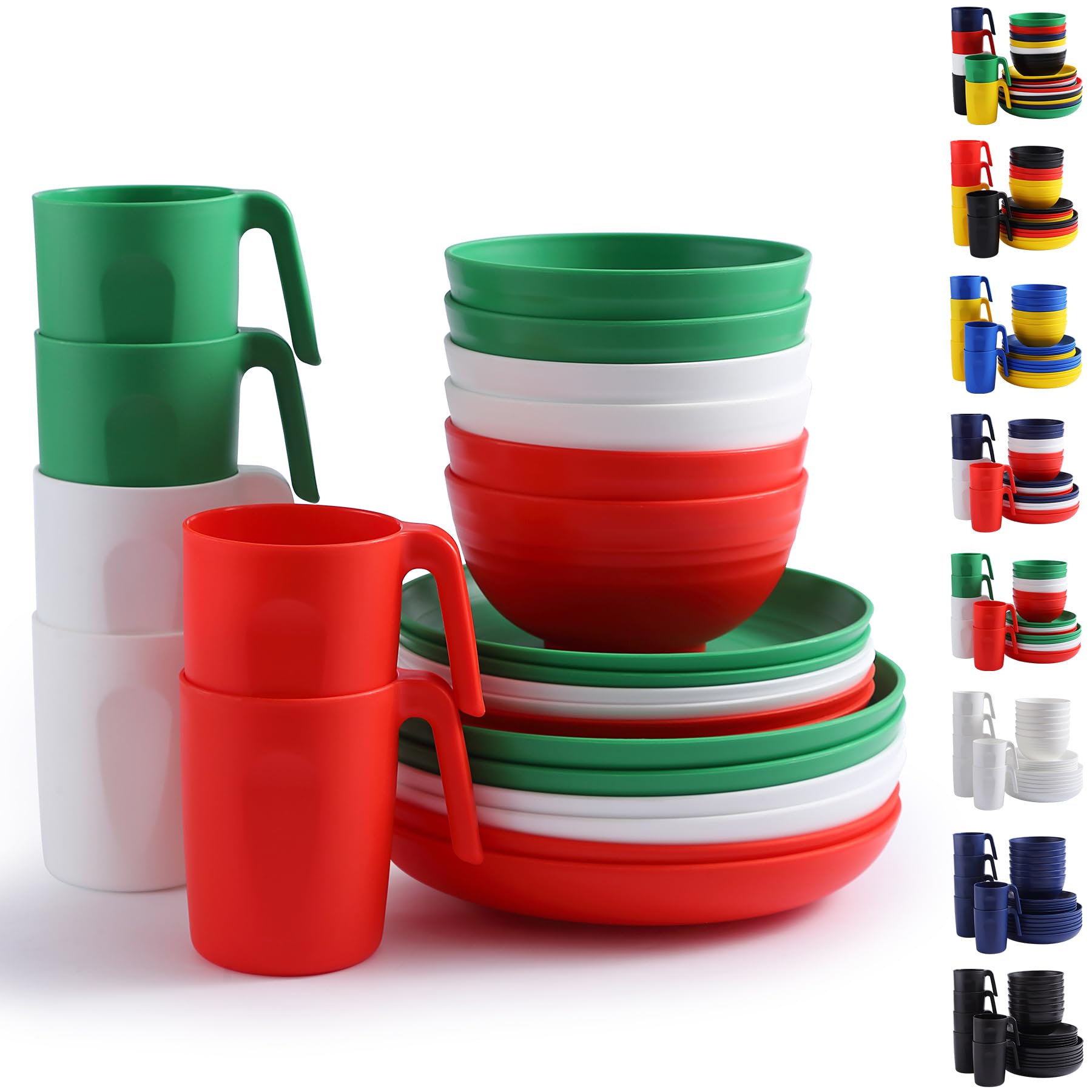 Berglander Plastikgeschirr-Sets 24-teiliger für 6 Personen, wiederverwendbare Teller und Schüsseln-Sets mit Speisetellern, Desserttellern, Müslischalen, Tassen für Zuhause, Garten, Picknick, Camping