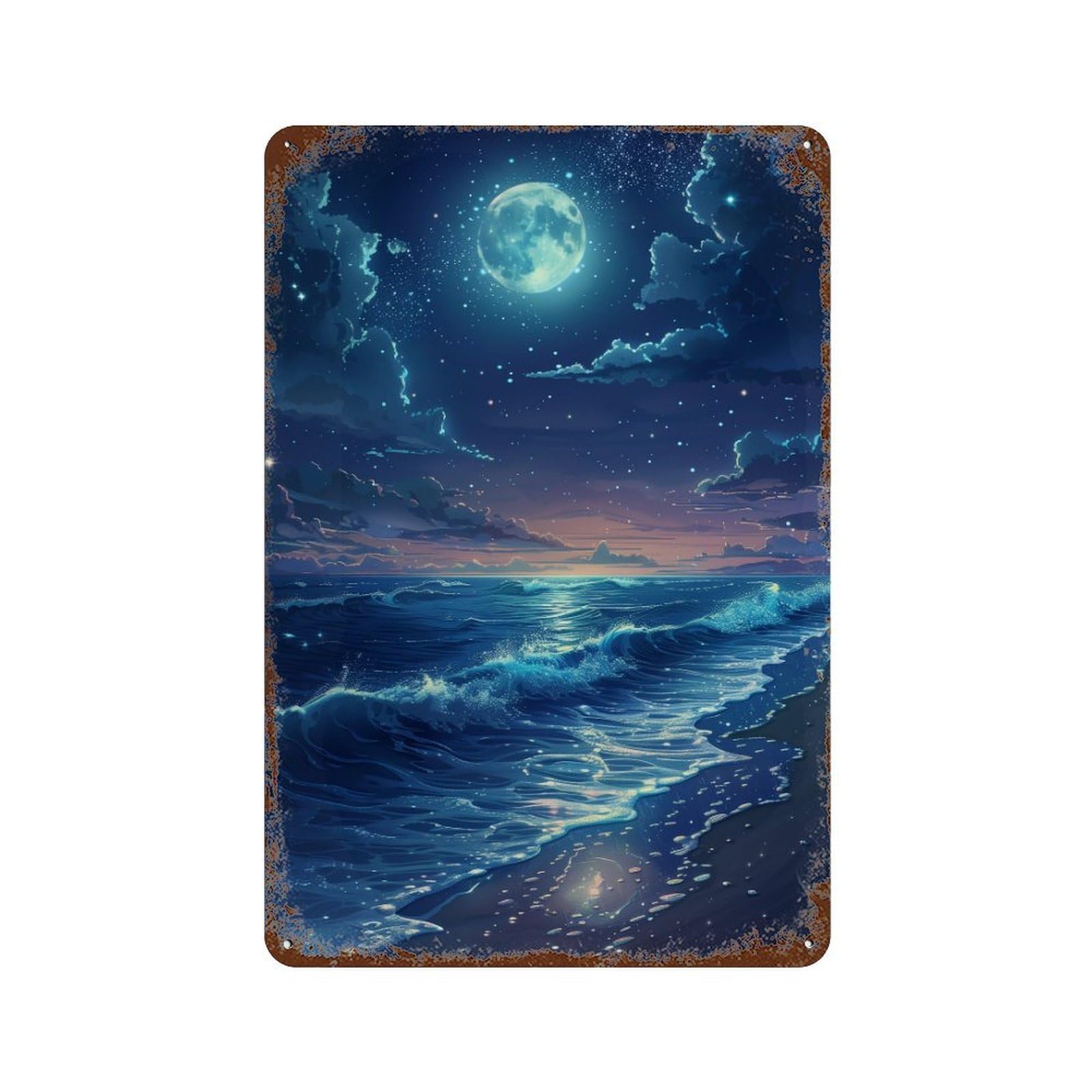 Ocean Waves Under Moonlight -2 11.8"x7.9" Rustic Tin Plaque, Retro Wall Decor for Garage, Bar And Workshop Decor