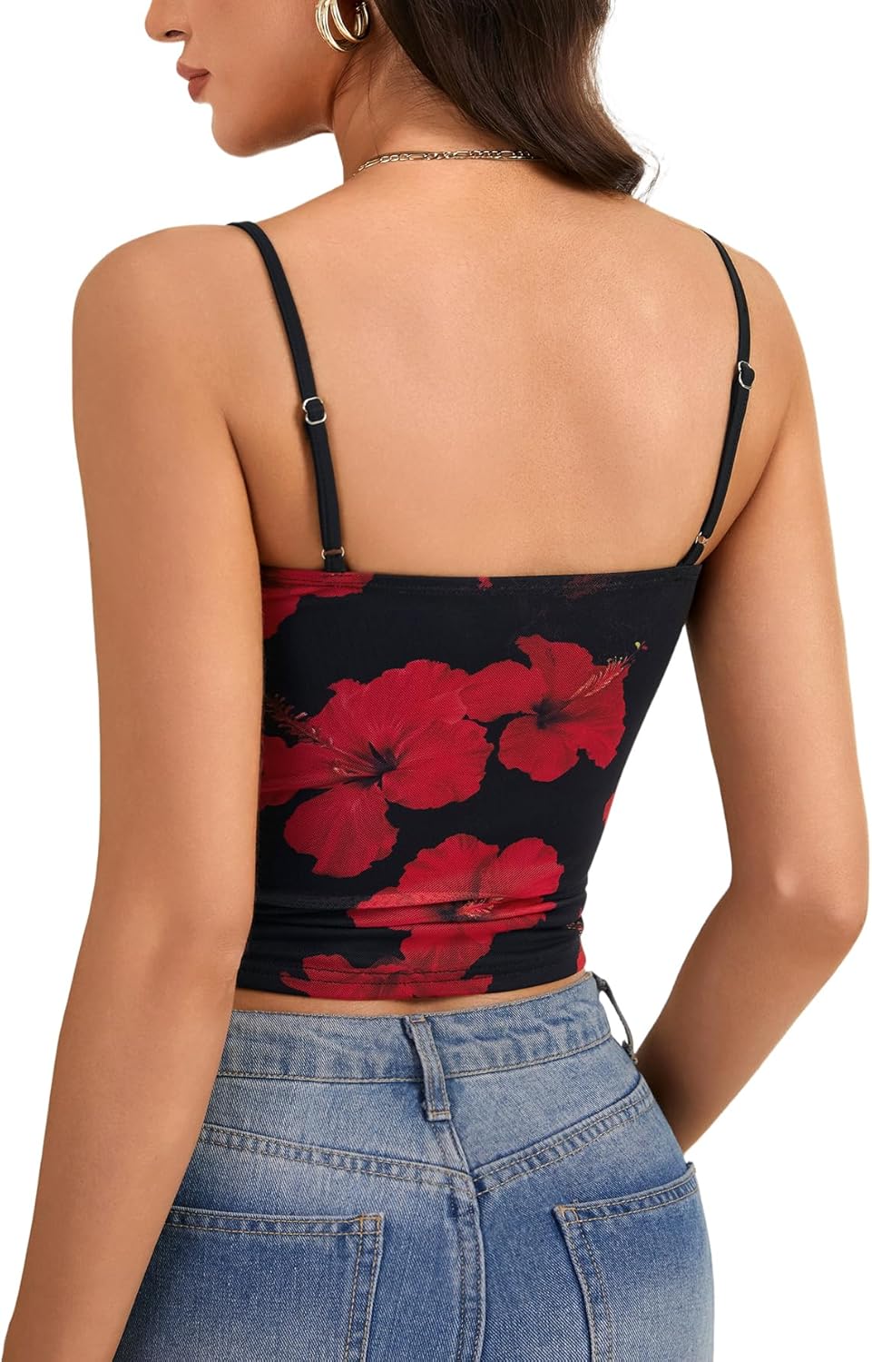 LYANER Women's Floral Mesh Sleeveless Spaghetti Strap Y2K Going Out Slim Fit Crop Top Cami - Image 5