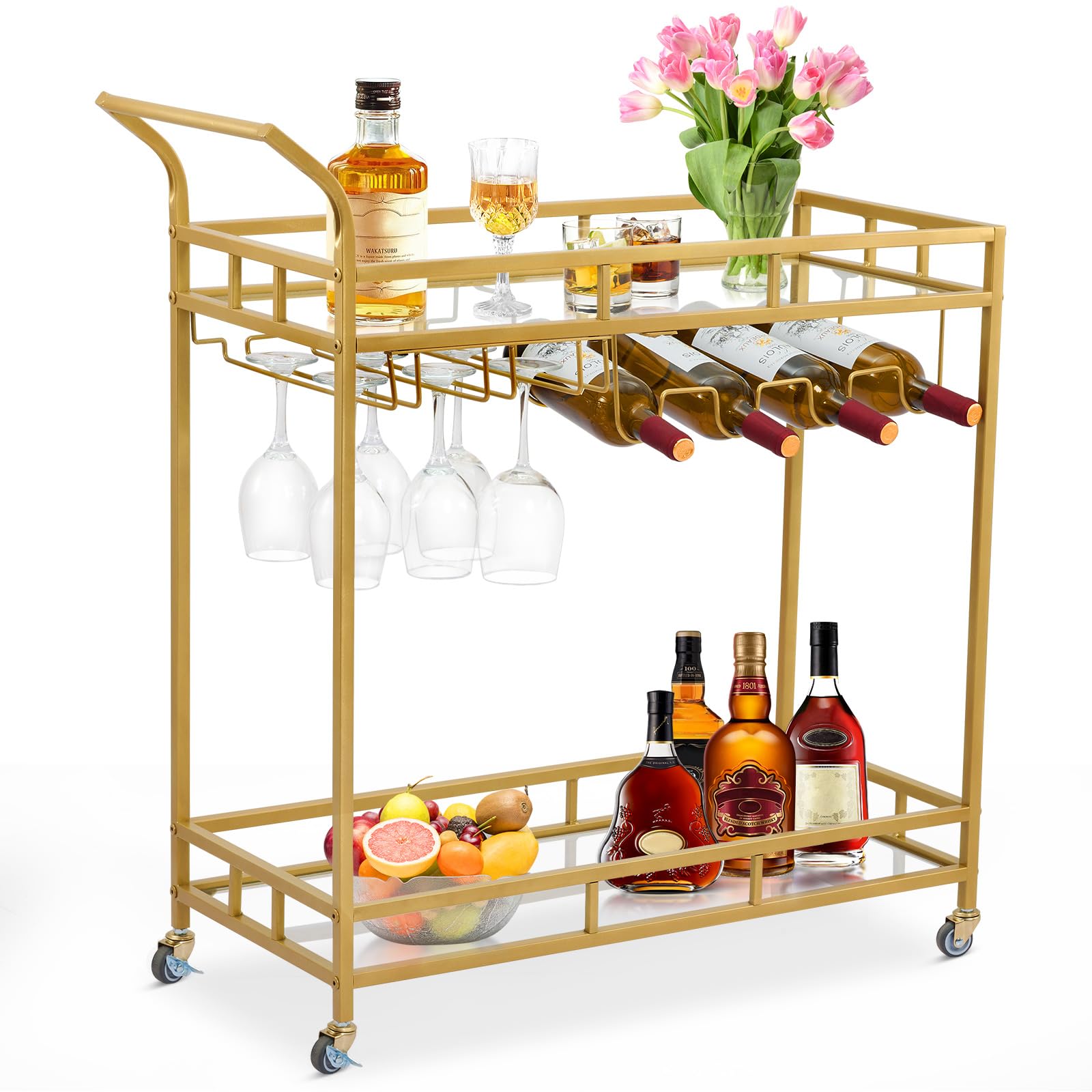Großer Barwagen Gold, Home Bar Servierwagen, Weinwagen mit 2 Spiegelablagen, Weinhalter, Glashalter, für Küche, Esszimmer, Gold