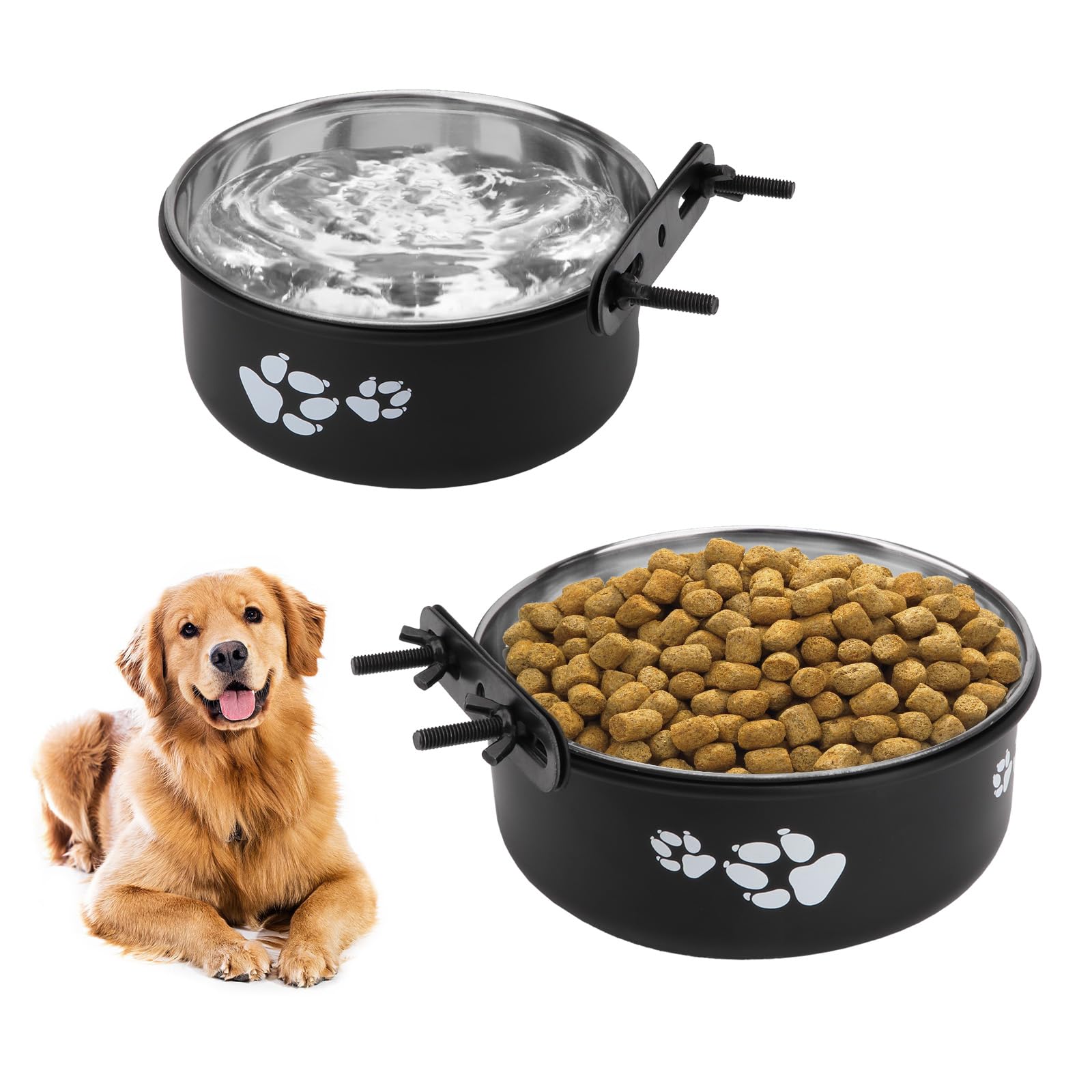 Reshiho Stainless Steel Dog Crate Bowls Hanging No Spill 2 PCS - Adjustable Mountable Kennel Bowls for Medium/Large Dogs, Anti Spill Water & Food Bowl