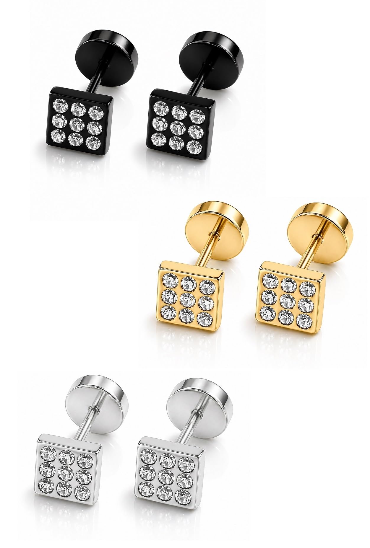 1 Pair Black,Silver & Golden Plated Sparkling Stylish & Anti-Tarnish Square Cubic s Screw Back Zircon Stainless Steel Stud Earring-image-28