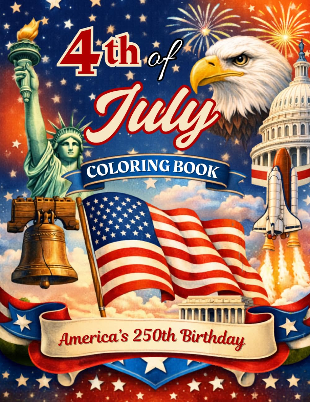 4th of July Coloring Book for Kids and Adults: America’s 250th Birthday Patriotic Coloring Book with U.S. Symbols, Landmarks, National Parks, and Independence Day Celebrations