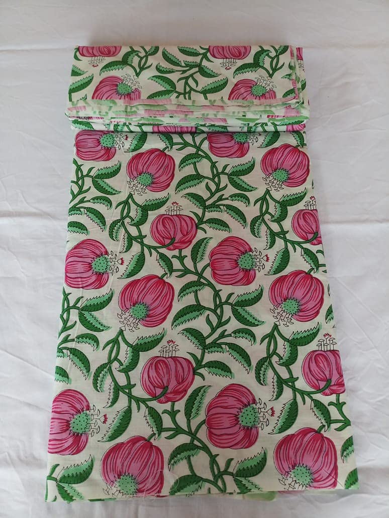 Floral Printed Cotton White Pink Floral Print Floral Print Women Dress Material Running Jaipuri Hand Block Printed Women Dress Material Kurtis Natural 44" Inches Width 2.5 Meter-image-33