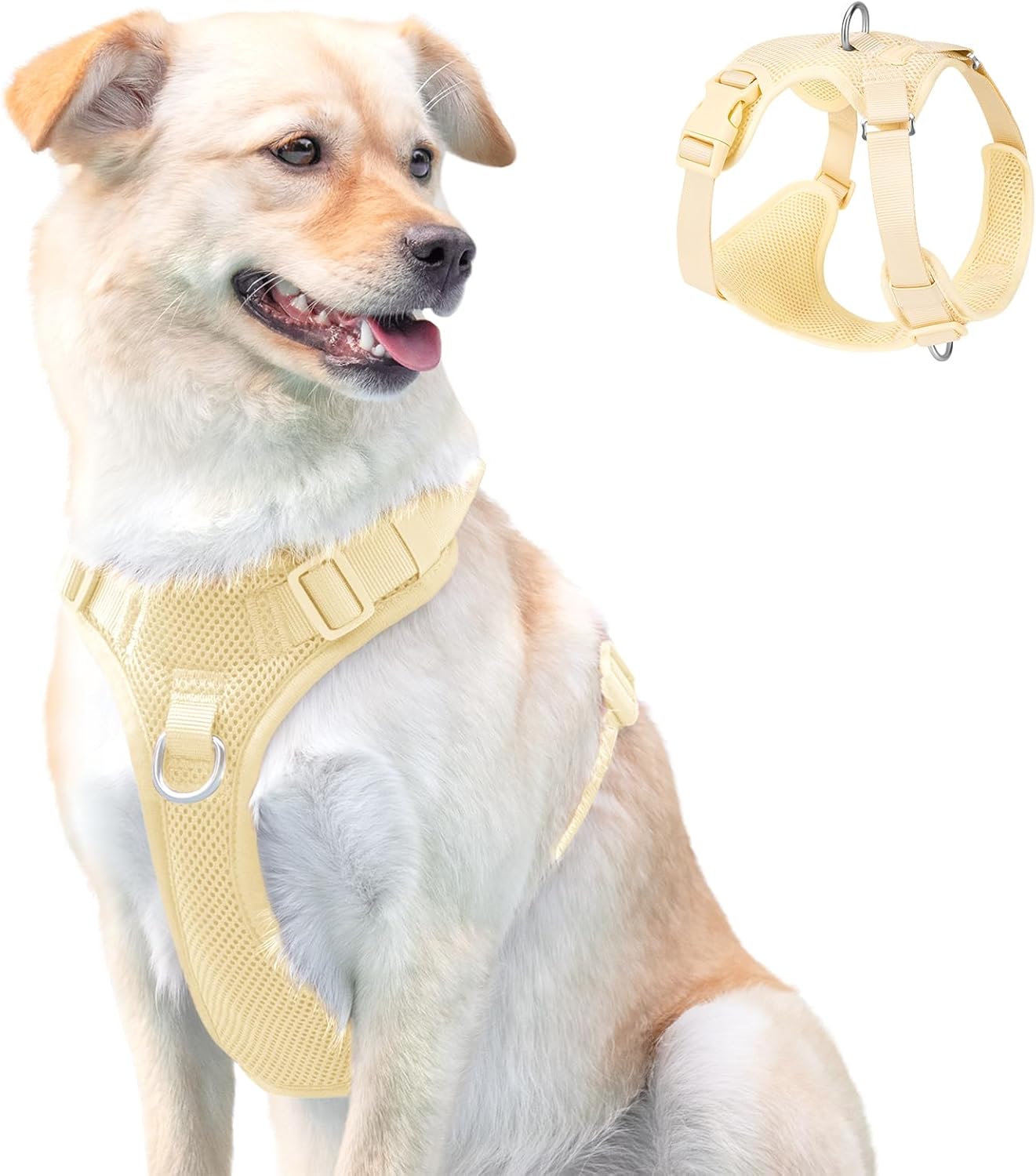 No Pull Dog Harness for Small Medium Large Dogs - Adjustable 2 Layer Mesh Dog Vest with Dual Clip, Escape Proof, Quick Release, Lightweight Breathable Mesh for Walking Hiking (Light Yellow,M)