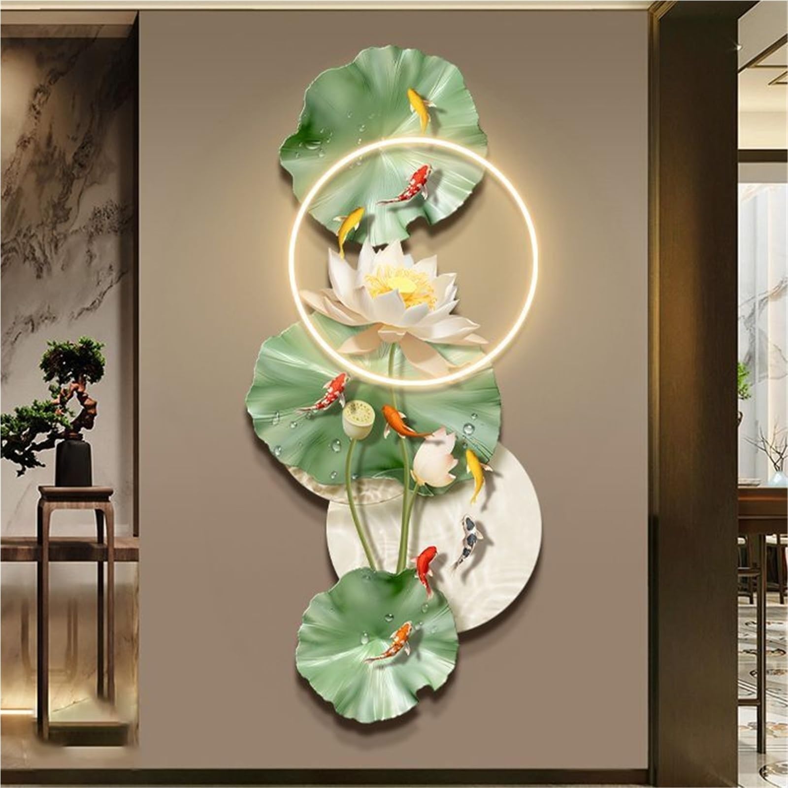 Cuadro Mural con Luces LED, pez Chino y Pintura acrílica, Escultura iluminada para el hogar, Dormitorio, Pasillo y Entrada (Verde, 40 cm de Largo x 90 cm de Ancho)
