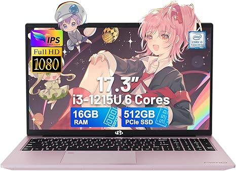 NIMO 17.3" IPS FHD-Laptop, Intel 6 Cores i3-1215U 16GB RAM 512GB SSD (Beat Ryzen 5 7520U, Up to 4.4GHz) Computer with 65W GaN Type C Fingerprint Backlit Keyboard, for Home Student and Business