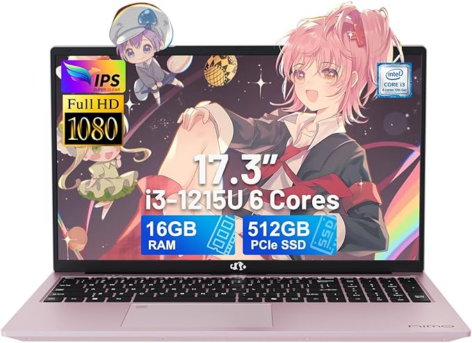 NIMO 17.3" IPS FHD-Laptop, Intel 6 Cores i3-1215U 16GB RAM 512GB SSD (Beat Ryzen 5 7520U, Up to 4.4GHz) Computer with 65W GaN Type C Fingerprint Backlit Keyboard, for Home Student and Business
