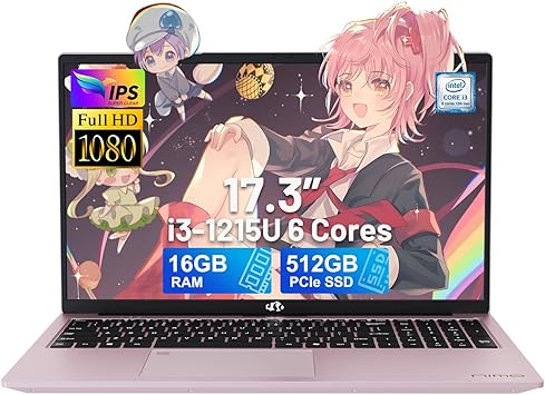 NIMO 17.3" IPS FHD-Laptop, Intel 6 Cores i3-1215U 16GB RAM 512GB SSD (Beat Ryzen 5 7520U, Up to 4.4GHz) Computer with 65W GaN Type C Fingerprint Backlit Keyboard, for Home Student and Business