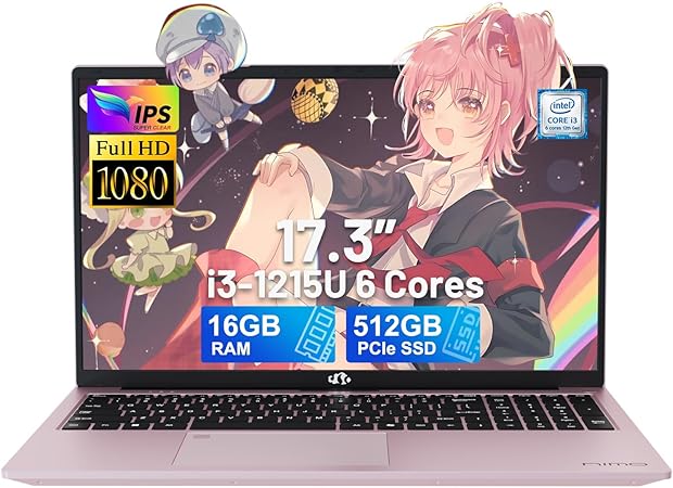 NIMO 17.3" IPS FHD-Laptop, Intel 6 Cores i3-1215U 16GB RAM 512GB SSD (Beat Ryzen 5 7520U, Up to 4.4GHz) Computer with 65W GaN Type C Fingerprint Backlit Keyboard, for Home Student and Business