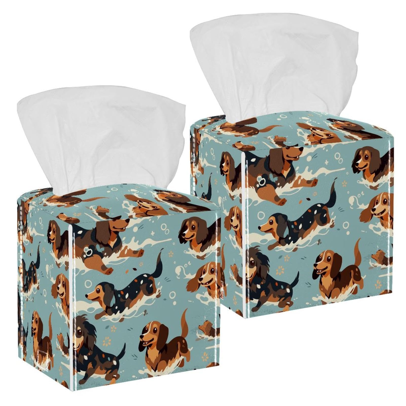 Cartoon Dogs Tissue Box Cover, 2 Pack PU Leather Square Facial Tissue Dispenser Box holder for Home Office Car