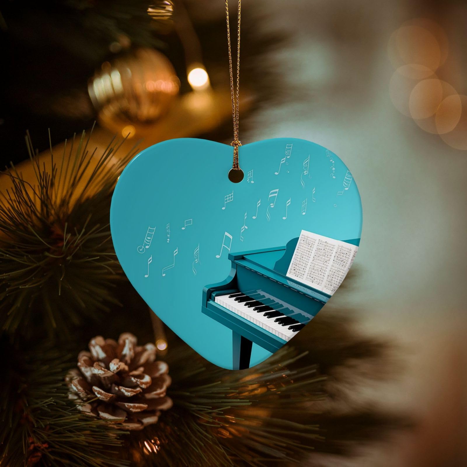 Christmas Tree Ornaments Ceramics Christmas Decorations Piano on Blue Background Ornaments with Gold Ribbon Porcelain Xmas Tree Crafts Heart Shape Hanging Pendant for Christmas Tree Party Decor