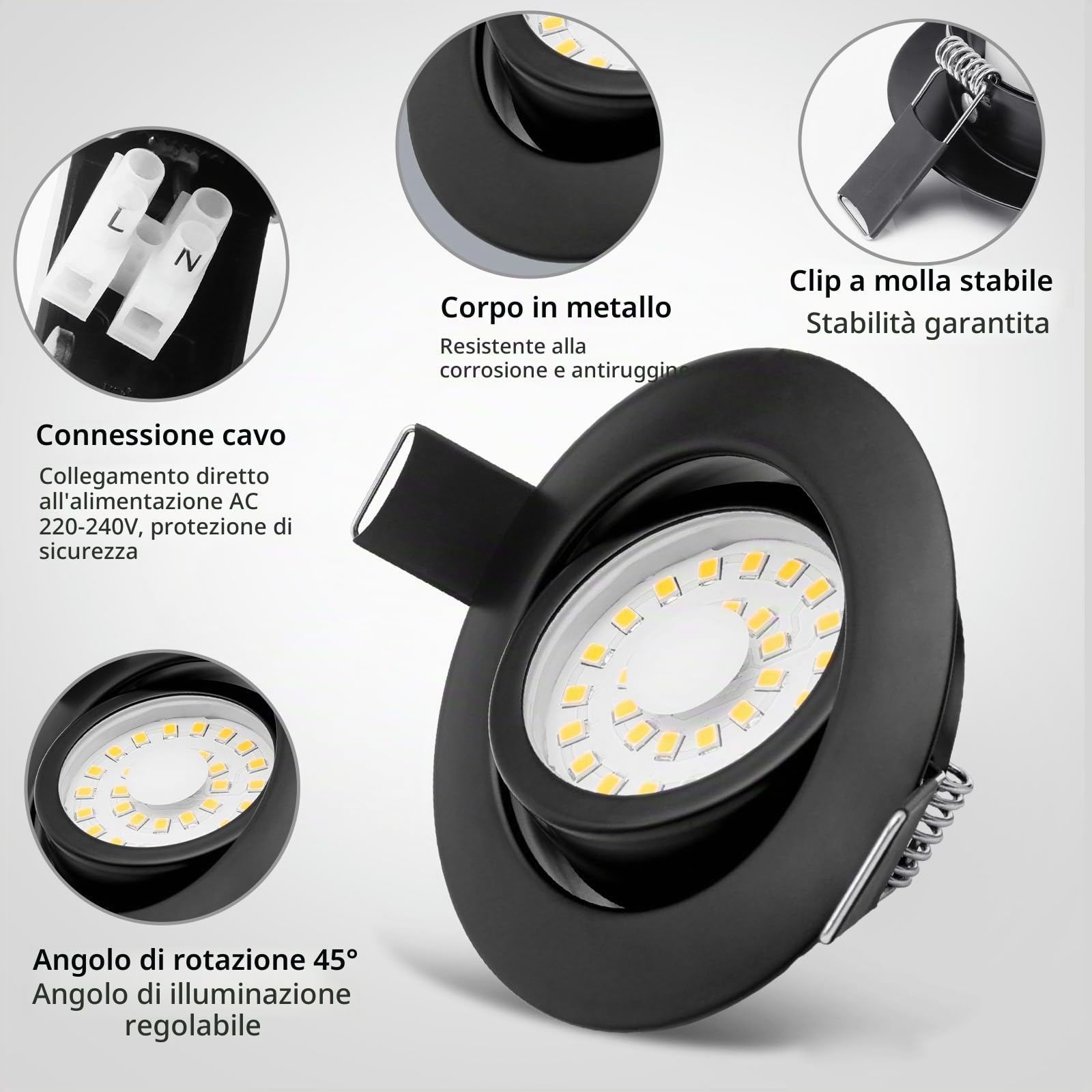 Faretti LED Incasso per cartongesso Dimmerabili 5W Nero Faretti LED Ultrasottili Faretti da Soffitto 45° Orientabili Bianco Caldo 3000K 500LM, Diametro Foro 68-75mm, IP44 Faretti da Incasso, Set di 6