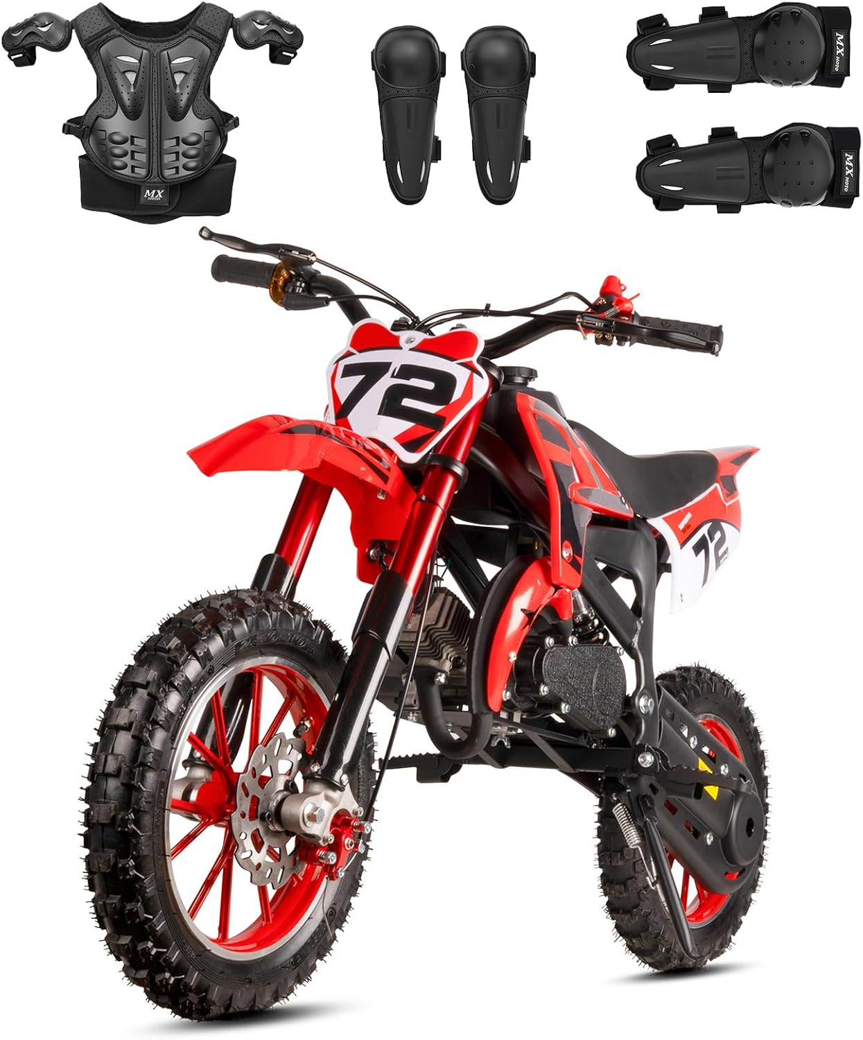 50cc Dirt Bike for Kids, Gas Dirt Bike 2 Stroke Kids Dirt Bike for Kids 5-8 8-14 10-14, 49cc Pit Bike 24 MPH Red Armor Suit