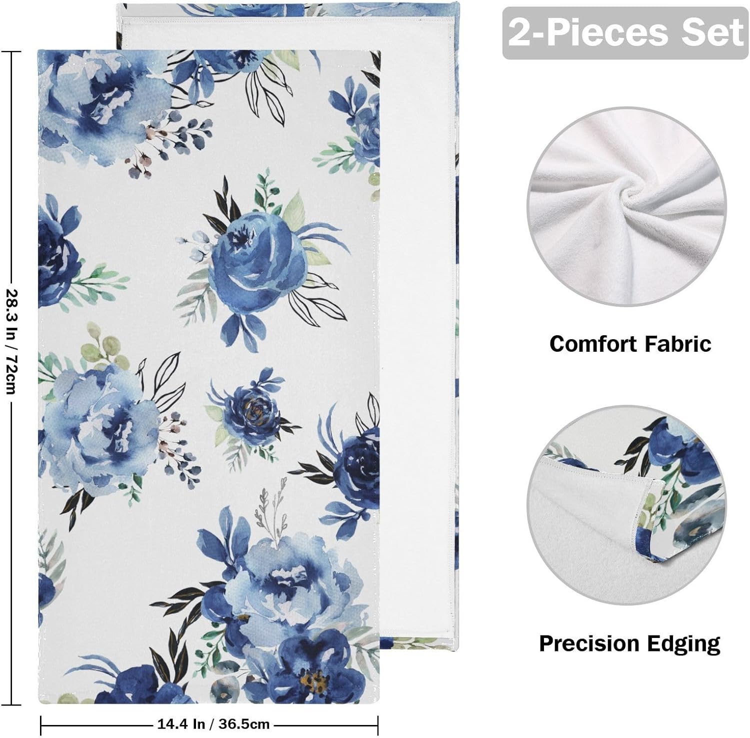 Navy Blue White Rose Floral Hand Towels for Bathroom Set of 2 Soft Absorbent Watercolor Blossom Peony Botanical Kitchen Towels Decorative Bathroom Towels for Bath Face Guest Shower 14"x28" - Image 2