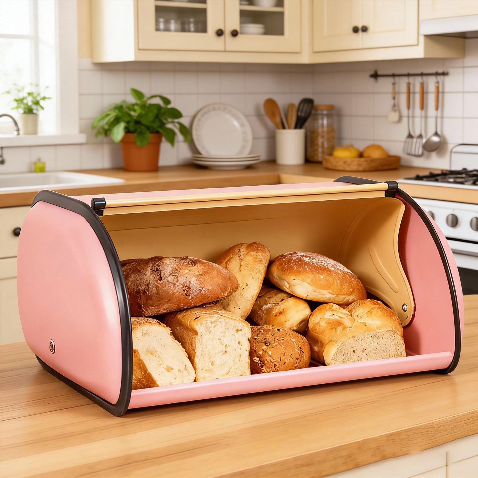 Eiserner Brotkasten Metall Groß Mit Deckel, Brotbox Zur Frischhaltung, Praktischer Brotkorb Für Küche & Haushalt, Ideal Für Knäckebrot, Brote & Brötchen (Rosa)