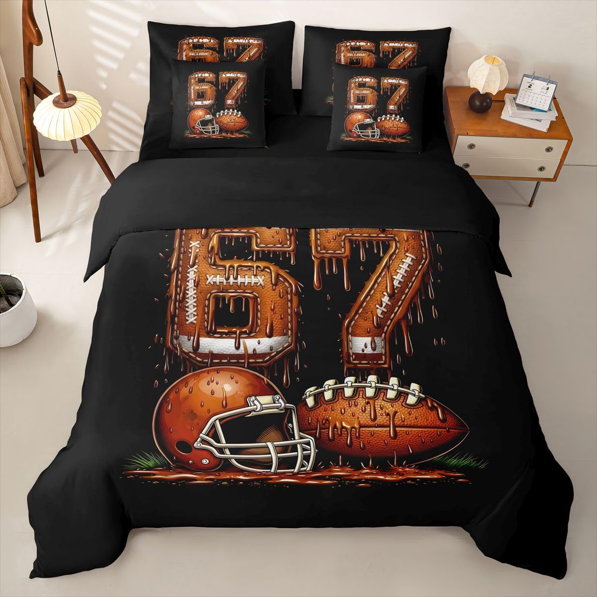 Loussiesd SIX SEVEN 6 7 Rugby copripiumino singolo 7 pezzi gelato gocciolante sport set di biancheria da letto per bambini ragazzi ragazze nero marrone letto in una borsa con copripiumino, lenzuola