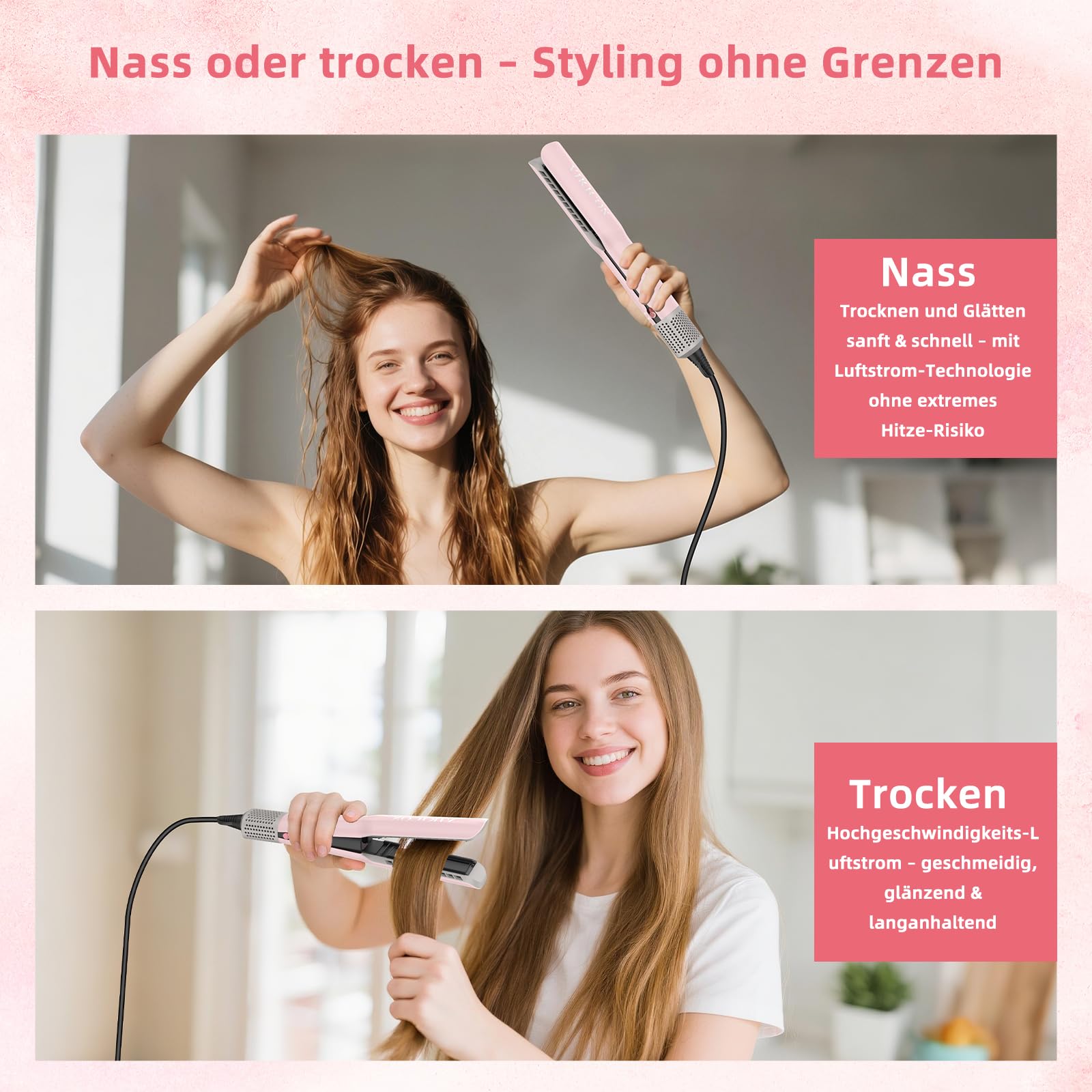 Air - Plancha de pelo sin placas calefactoras, estilo iónico para cabello largo, color rosa claro | Plancha alisadora de aire para rizar y alisar el pelo de longitud media a largo, no daña el cabello, menos rotura, más brillo