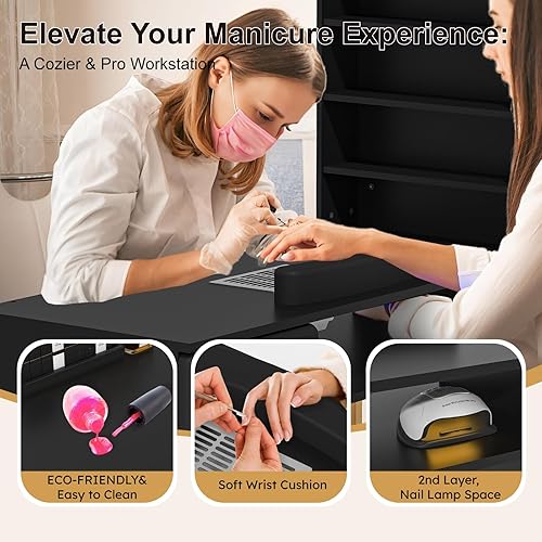 Miniatura 4 de Mesa de manicura con colector de polvo eléctrico, estación de manicura versátil para tecnología de uñas, incluye cojín de muñeca, armario de