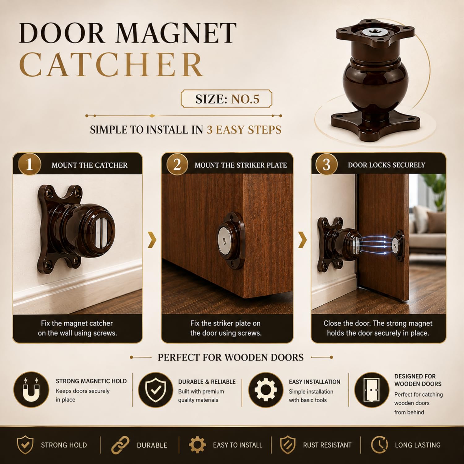 Elite Heavy Duty Wall Mounted Magnetic Door Stopper Catcher, Size 5 Number, for Main Door, Bed Room Door, and All Other Type Doors Protection, Pack of 3 (Brown) — Amazon image 4