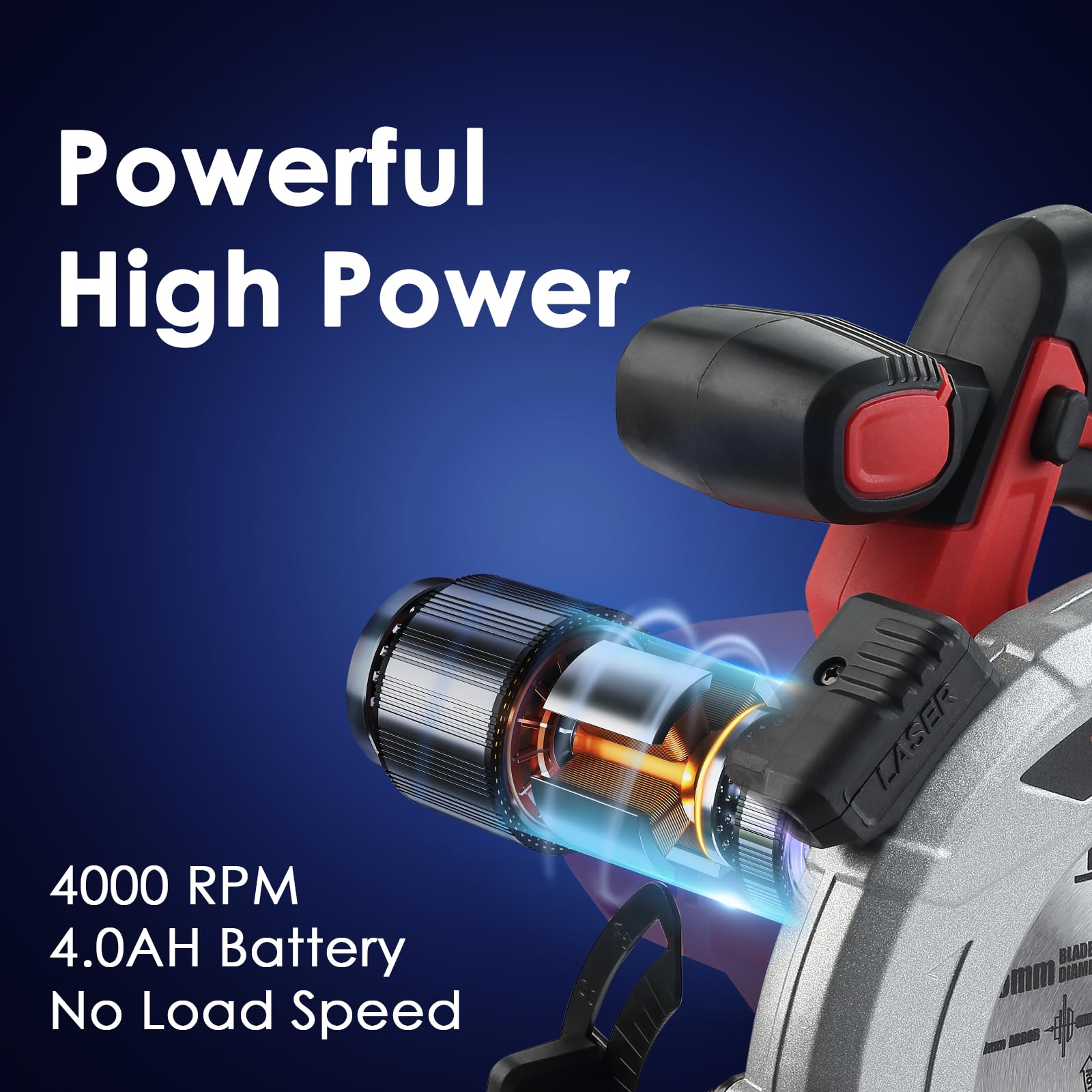 TEENO Sierra circular láser sin cable 4000 RPM con freno eléctrico, 2 X 2.0 AH baterías, 2X165mm cuchillas, profundidad de corte y ángulo ajustables hasta 38mm (45°), 54mm (90°).