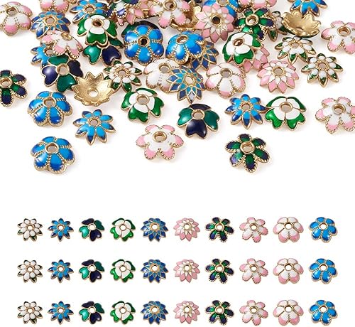 Cheriswelry 60 cuentas de aleación esmaltadas de flores, cuentas espaciadoras florales doradas, 10 estilos de 0.295-0.315 in para manualidades,