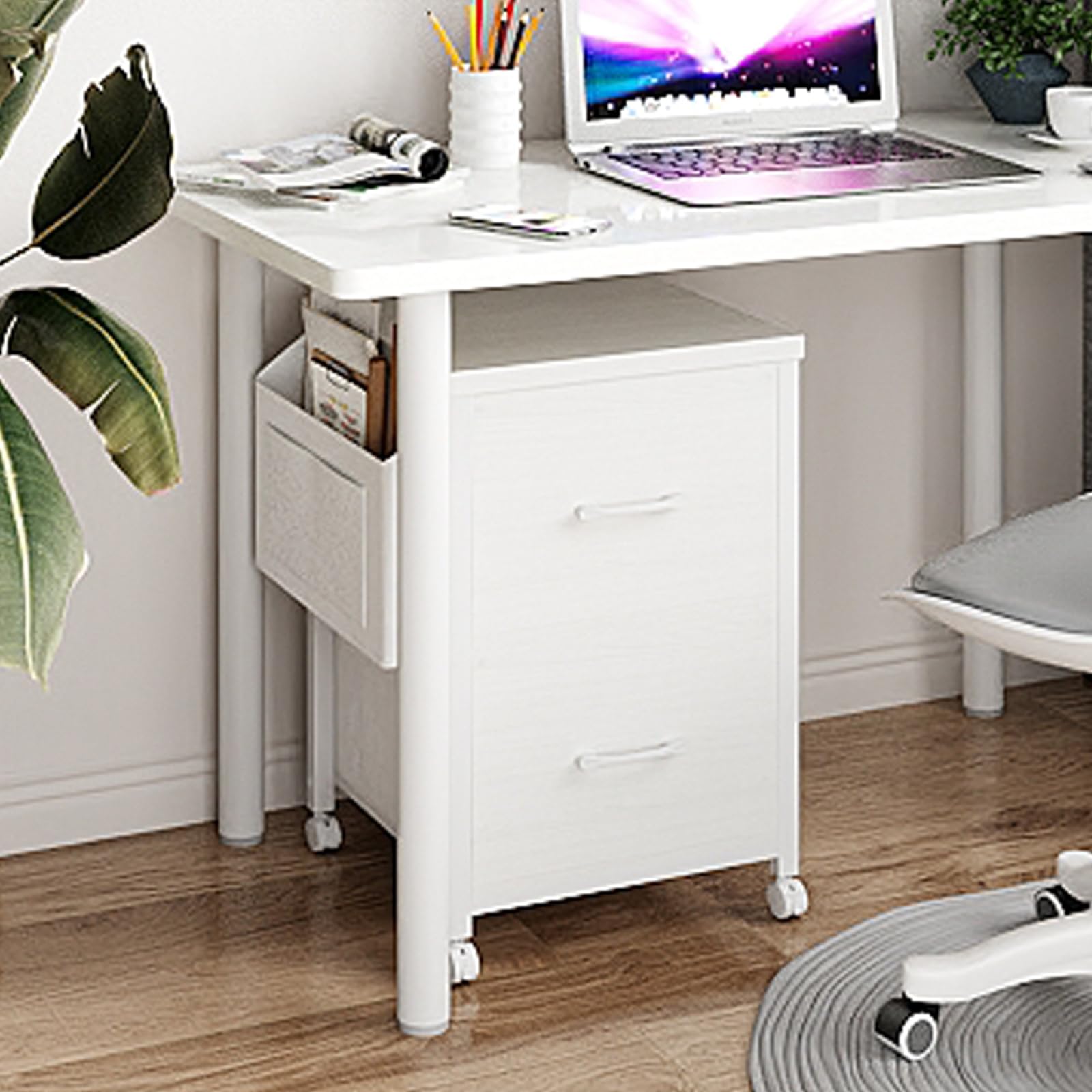 File Cabinet 2 Drawer on Wheels for Home Office, Two Drawer Small White Filing Cabinets Under Desk Printer Stand, A4 Letter Size Mobile Vertical