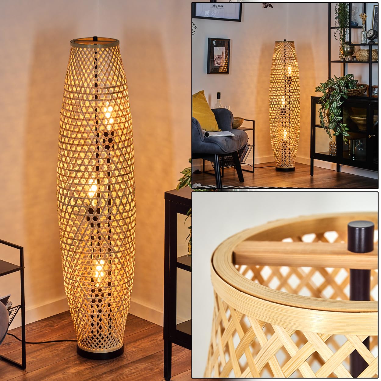 HOFSTEIN Mulstrand Floor lamp, Metal/Bamboo Floor lamp in Black/Natural, Modern lamp in a Boho Design with a Great Lighting Effect and Foot Switch, 120 cm, 3 x E27, Living Room, Bedroom, Hallway