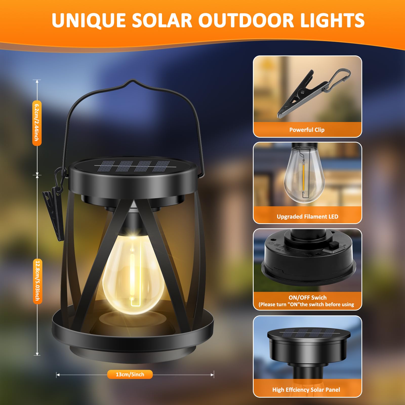 Liuyife Metal Solar Lantern Waterproof IP65, Auto On Off 2 Pack Hanging Lanterns with Bulbs - Image 2